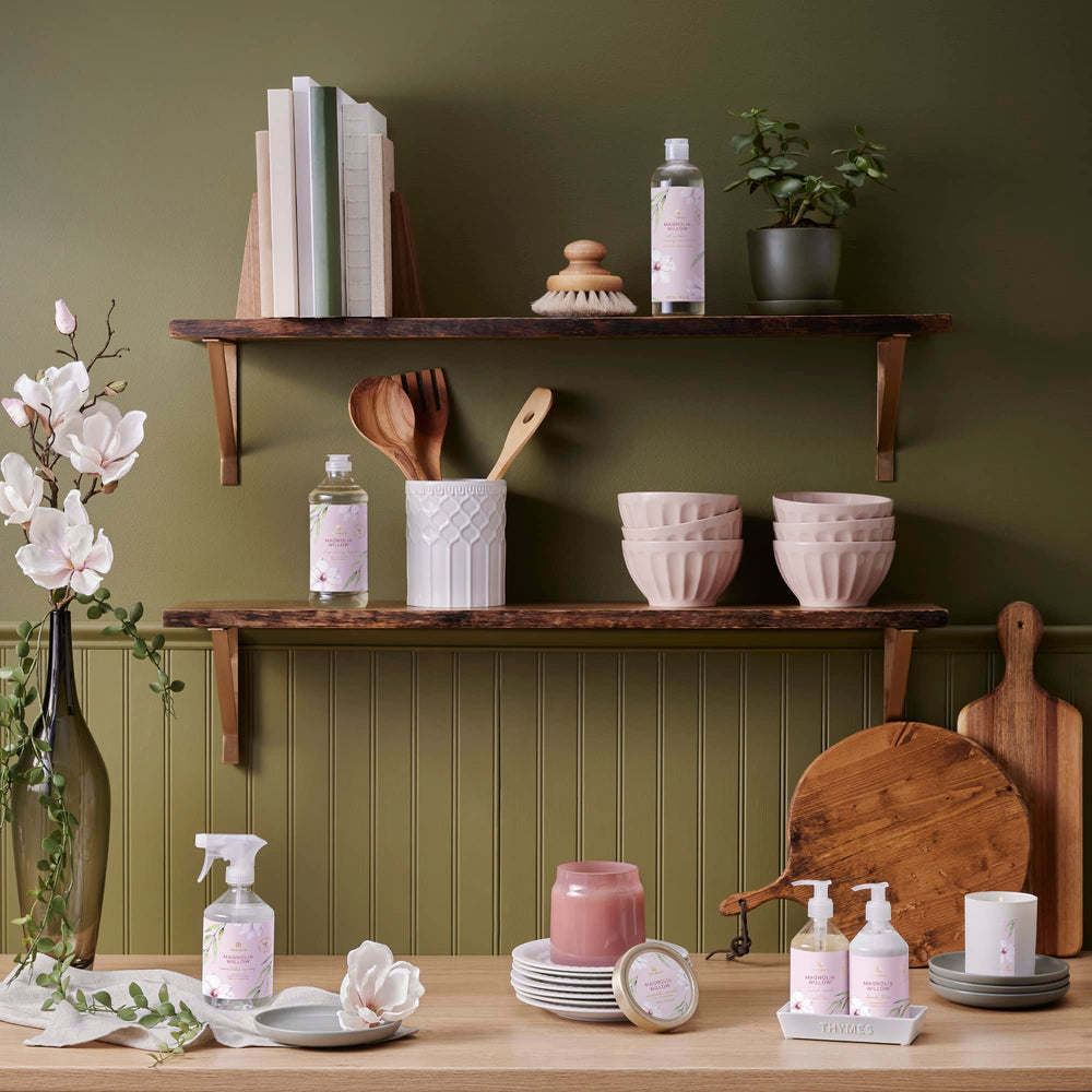 Thymes Magnolia Willow texture close-up indicates quick-absorbing hydration with light fragrance.