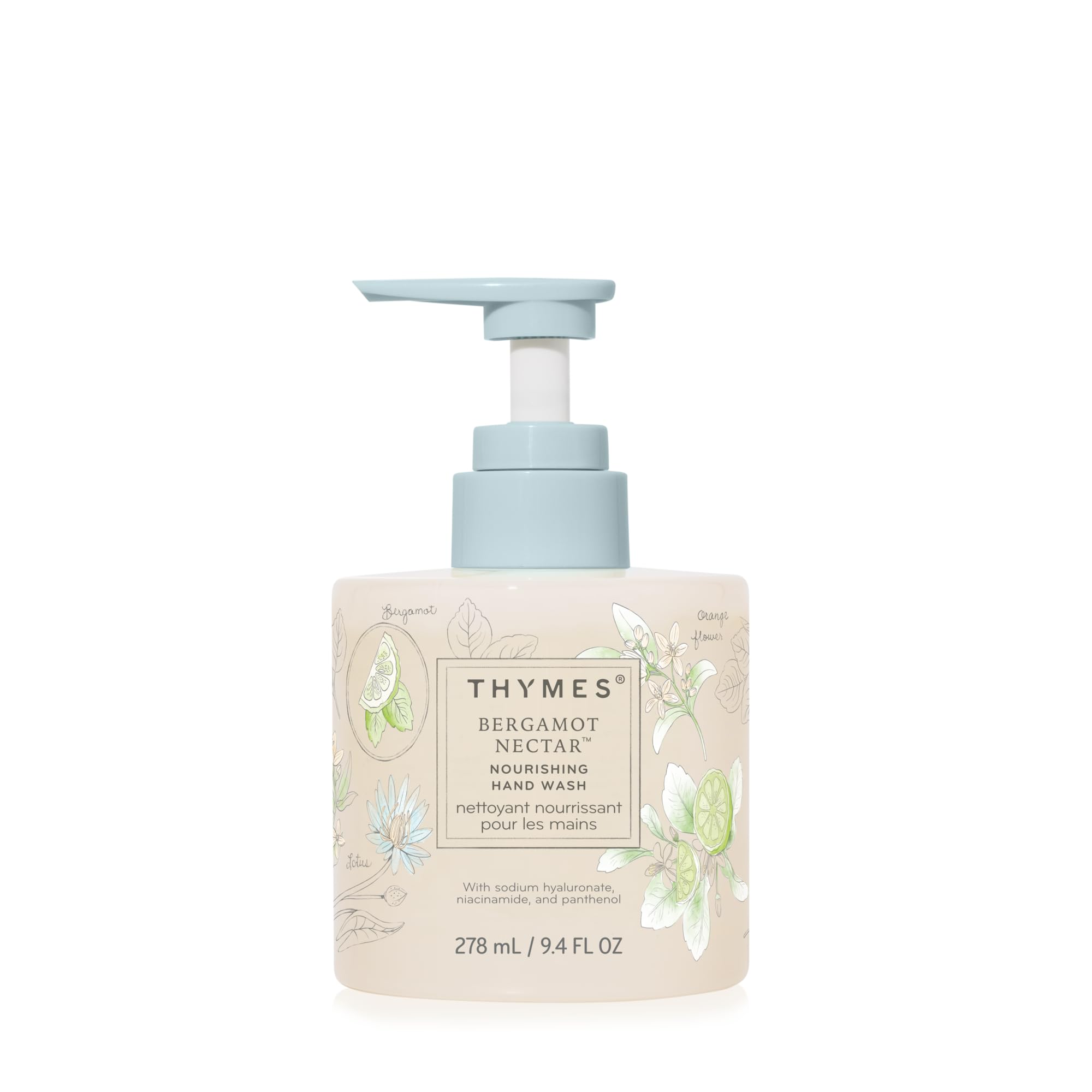Thymes Nourishing Hand Wash bottle on sink for daily refreshing cleansing.