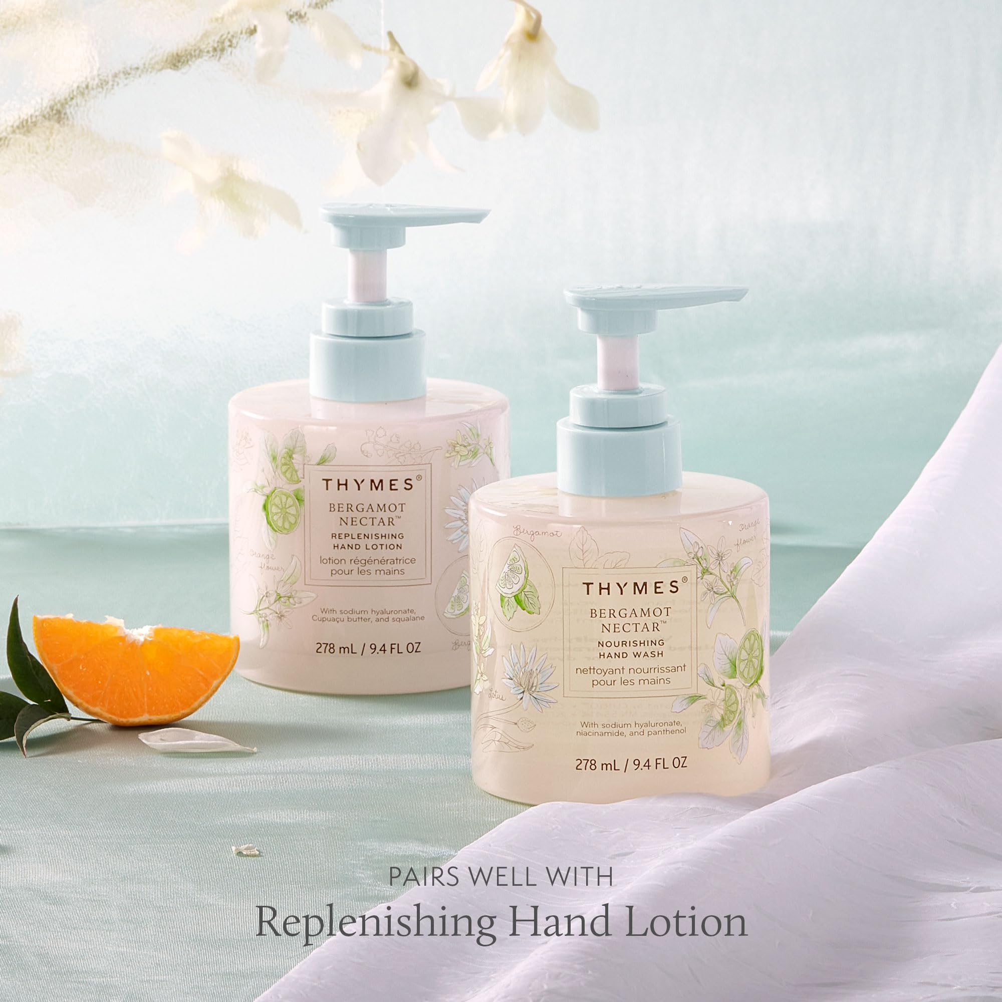 Thymes Nourishing Hand Wash panthenol promotes soothing nourishment after washing.