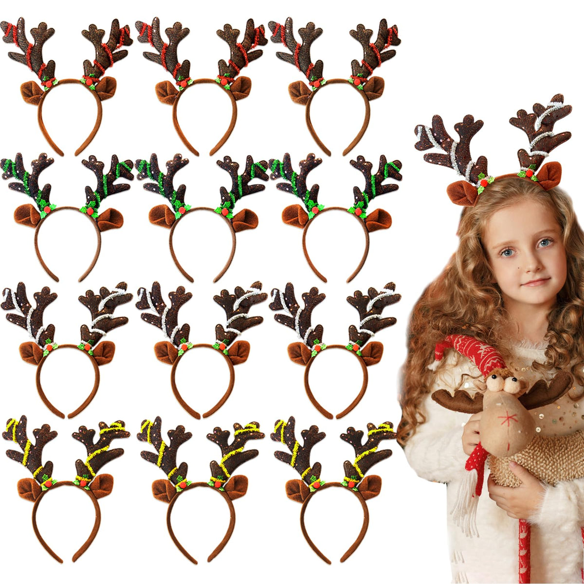 Tiaiidi reindeer antlers headband red for festive photos and holiday cheer.