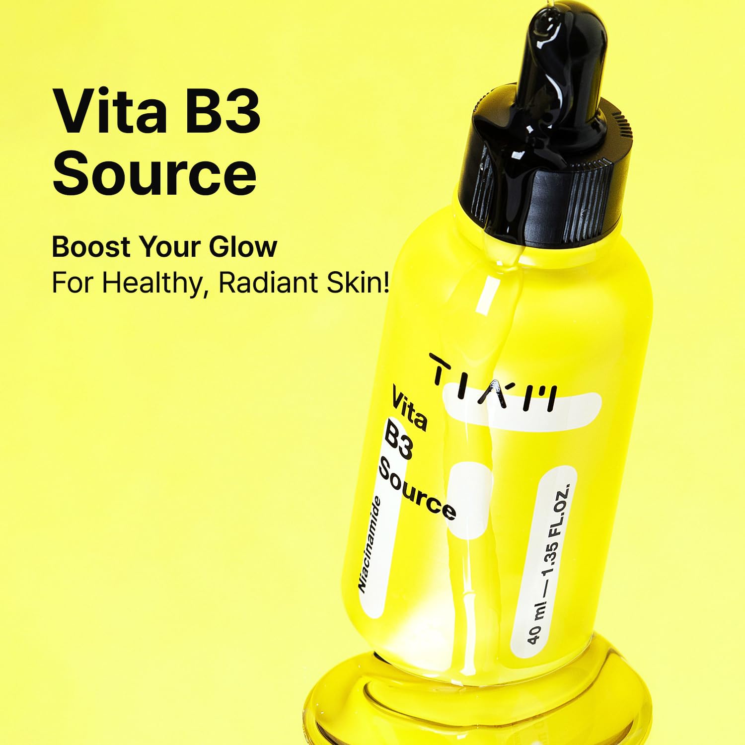 TIA'M Vita B3 Source close-up label highlighting fragrance-free, gentle formula for sensitive skin.