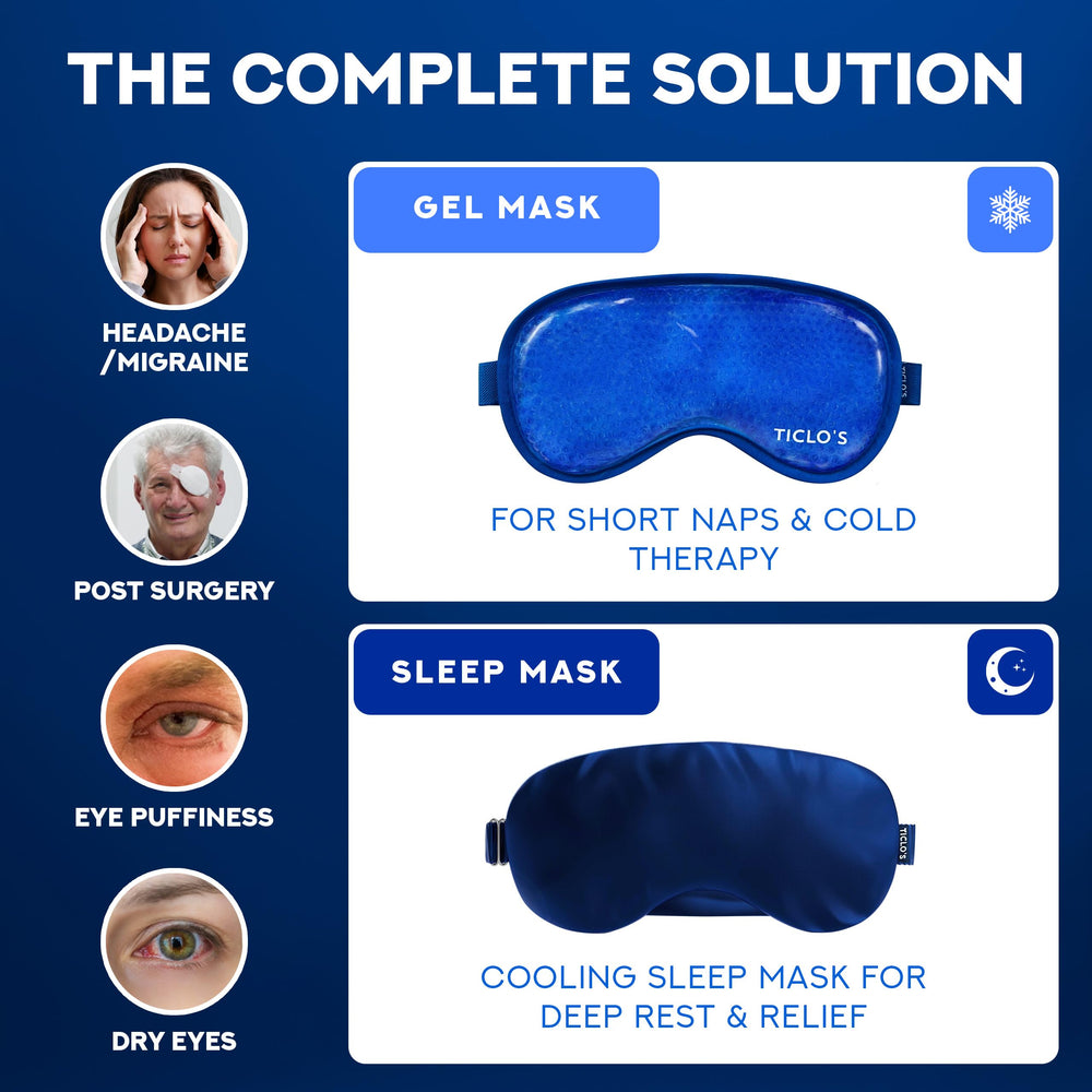 TICLO'S cooling eye mask dual-sided therapy shows customizable cold or intense cooling.