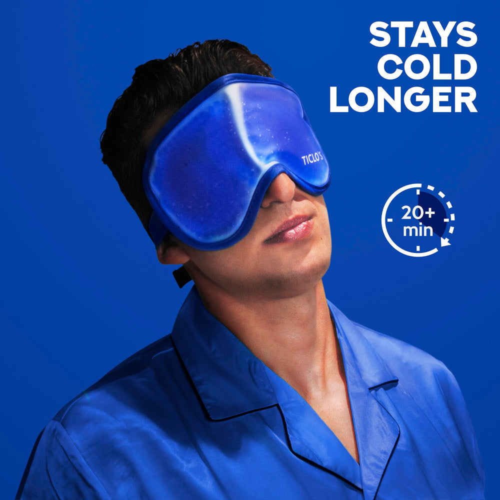 TICLO'S cooling eye mask transparent side demonstrates an intense cold option.