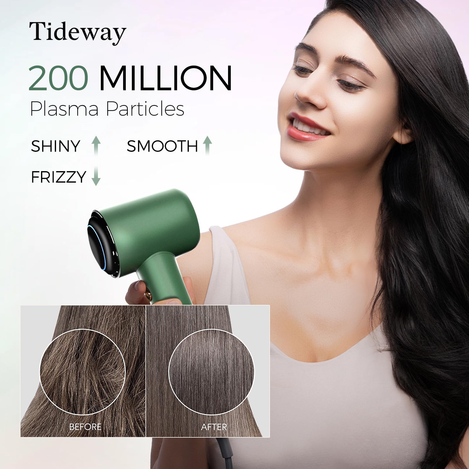 Tideway Hair Dryer plasma ions illustrate frizz reduction and moisture retention