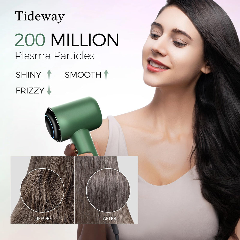 Tideway Hair Dryer plasma ions illustrate frizz reduction and moisture retention