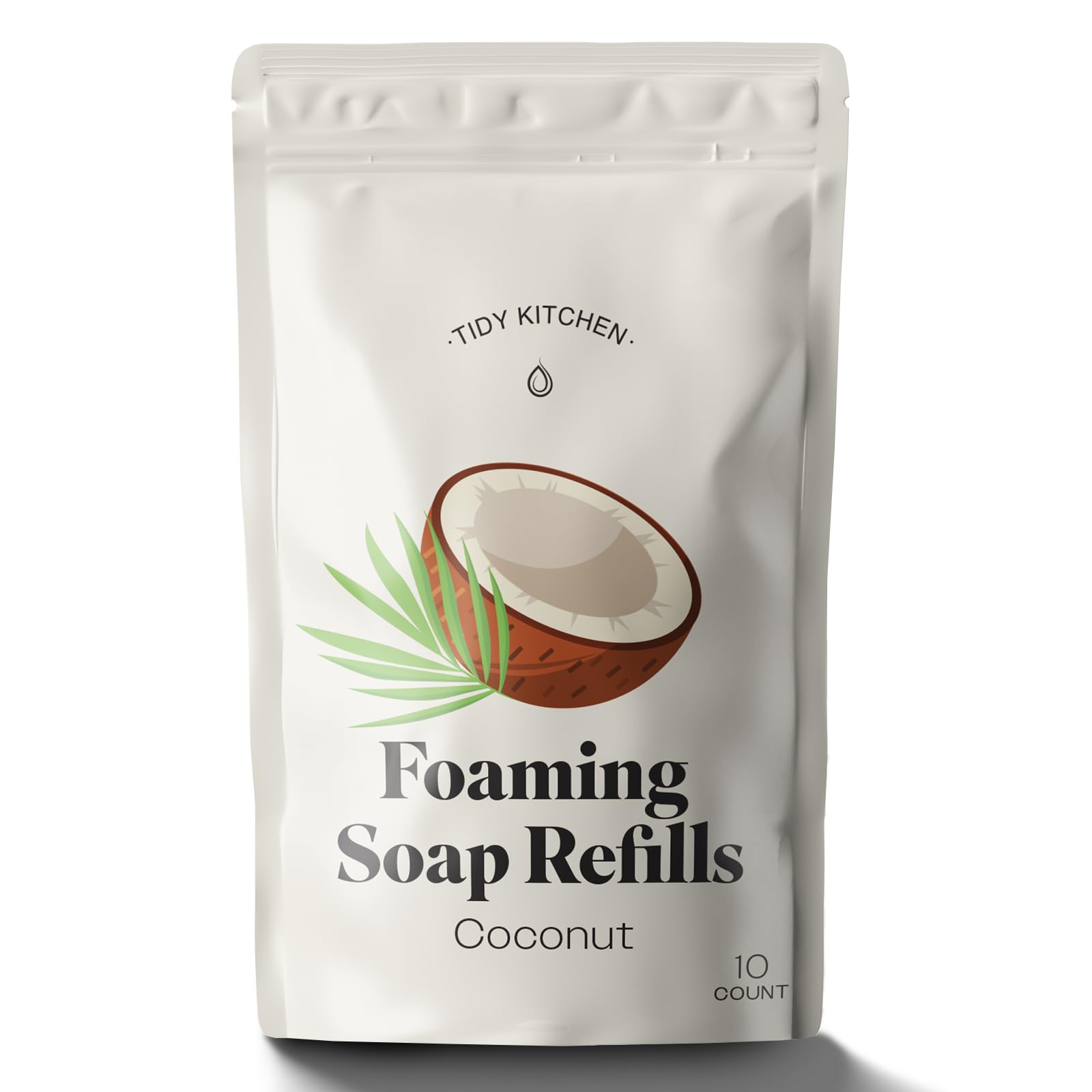 Tidy Kitchen foaming soap tablets dissolve in warm water for coconut scent refill.