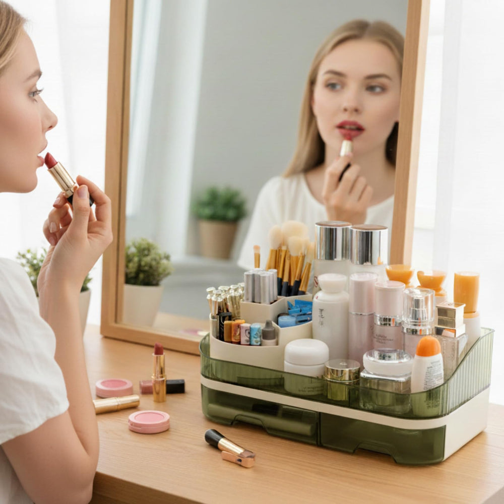 Tidyladyo countertop makeup organizer stores lipsticks and drawers for quick daily access.