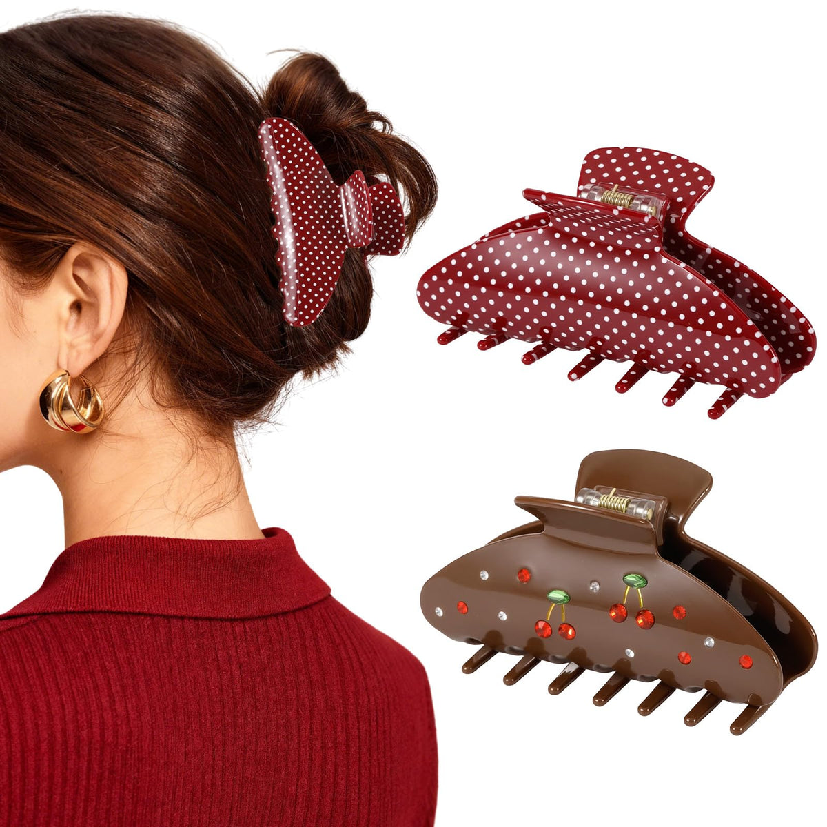 Tiefebene two-pack cherry-red polka-dot clip close-up showing durable acrylic and color