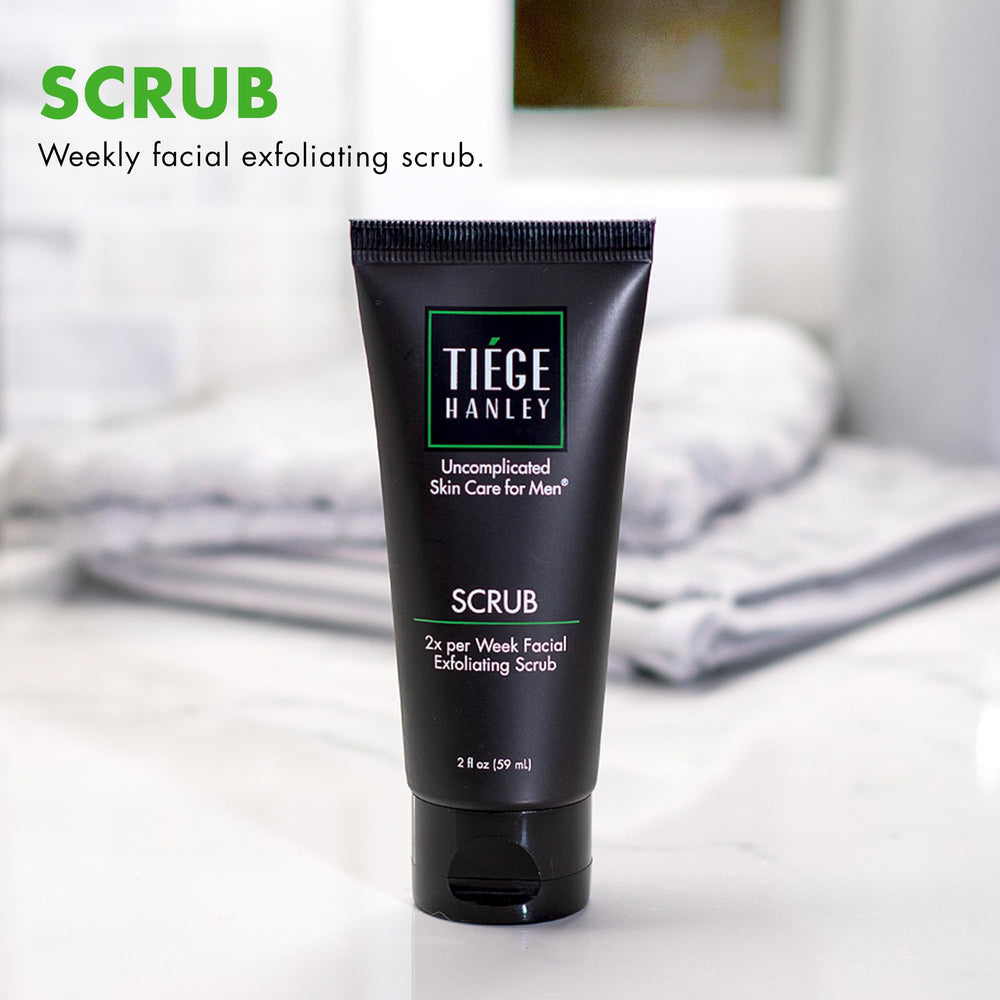 Tiege Hanley apricot seed powder exfoliates gently to lift buildup without irritation.