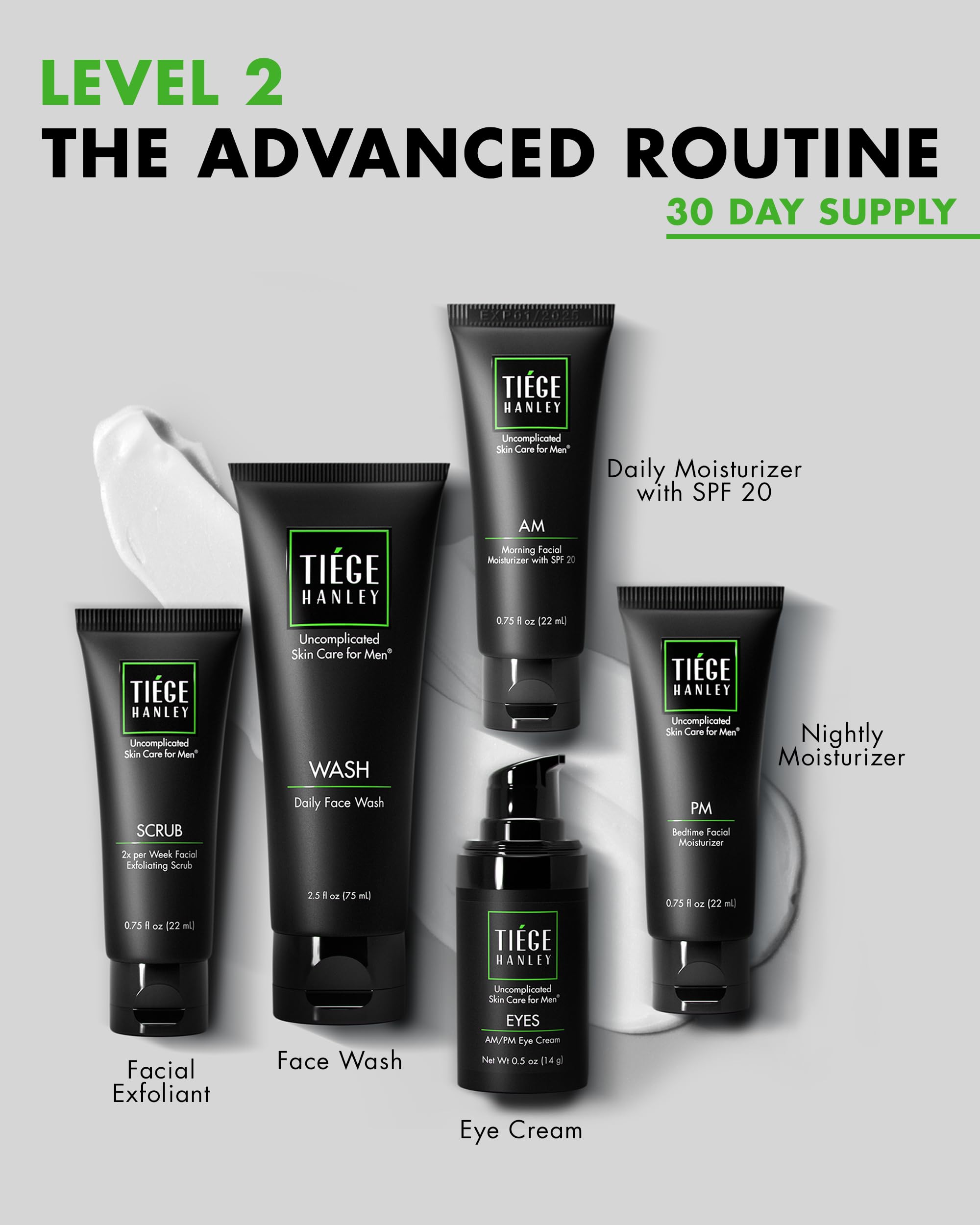 Tiege Hanley Exfoliating Scrub bottle buffs away buildup for smoother texture.