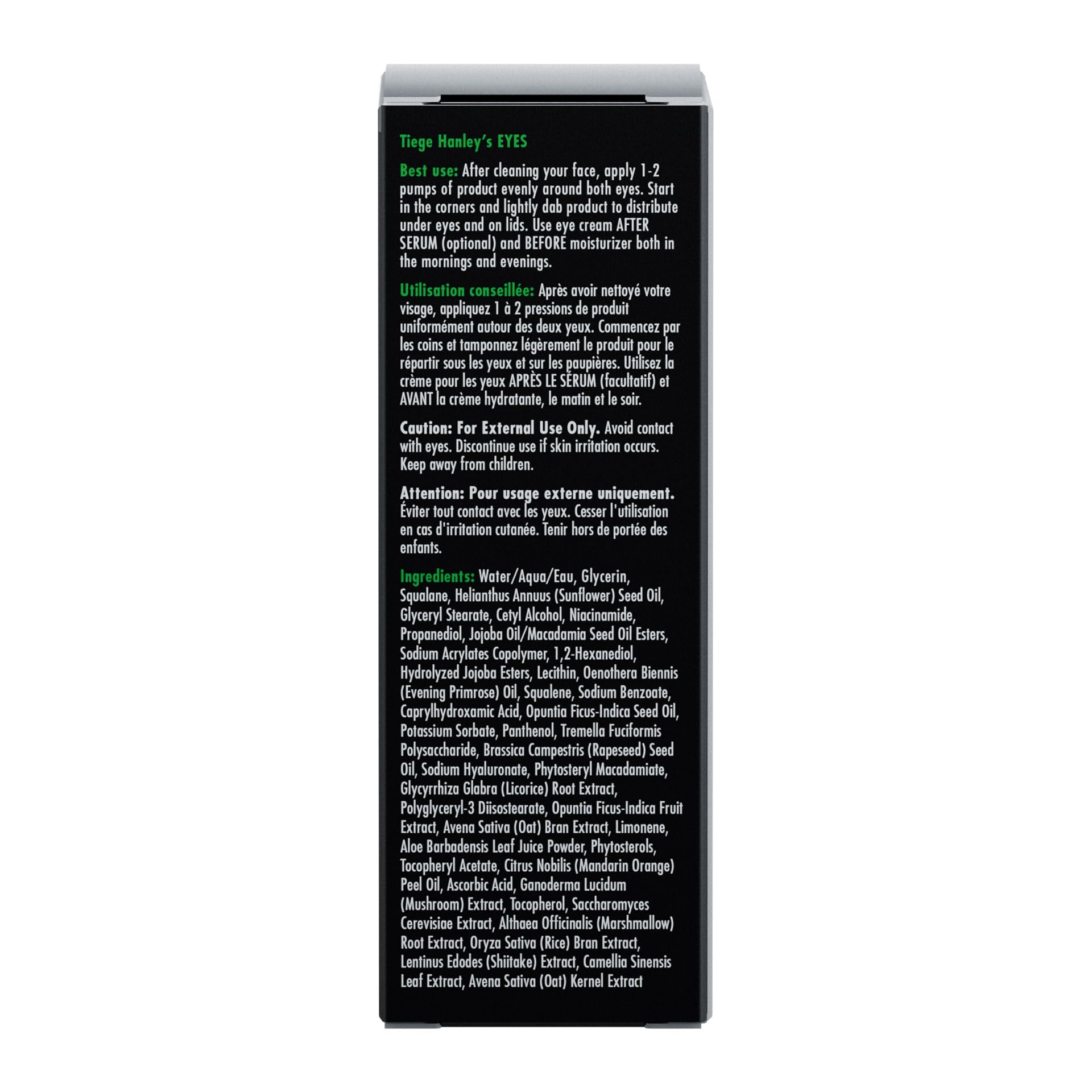 Tiege Hanley Eye Cream with hyaluronic acid infusion emphasizes moisture retention.
