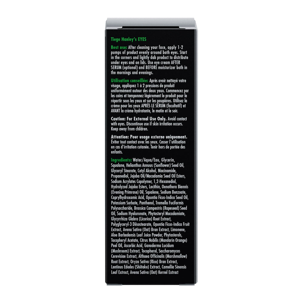 Tiege Hanley Eye Cream with hyaluronic acid infusion emphasizes moisture retention.