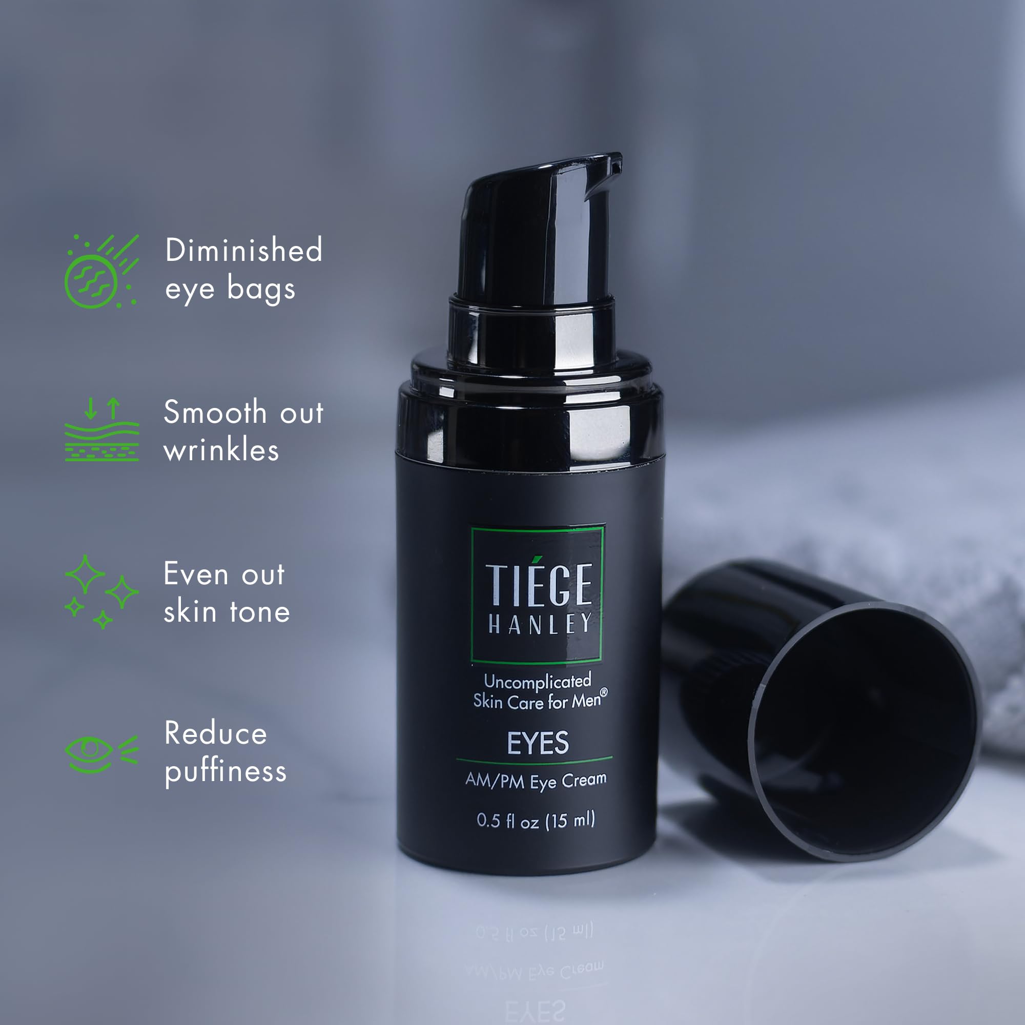 Tiege Hanley Eye Cream night application beside a nightstand setup.