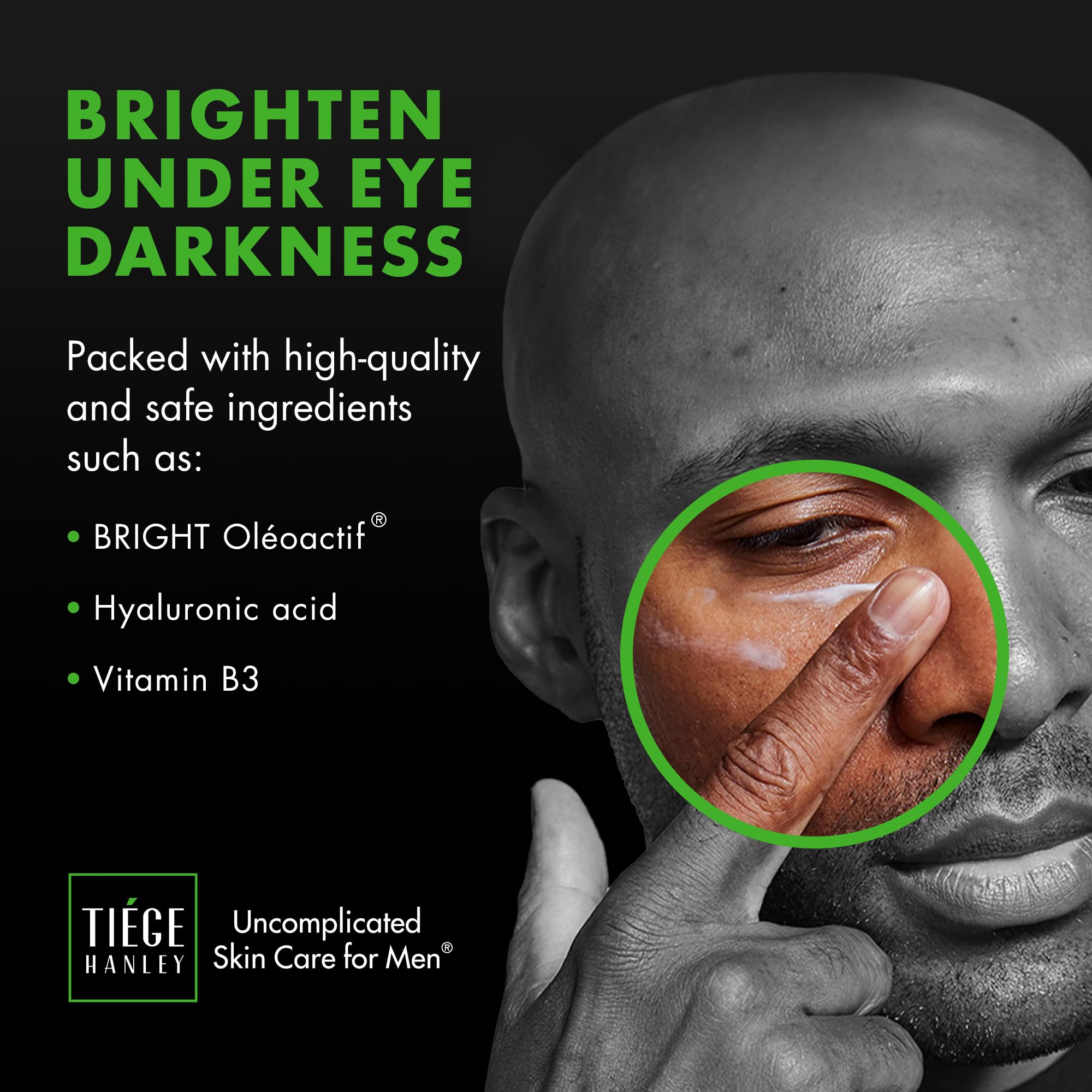 Tiege Hanley eye cream close-up showing reduced puffiness and brighter under-eye area.