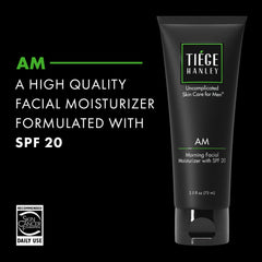 Tiege Hanley AM moisturizer application close-up for quick hydration and calm skin