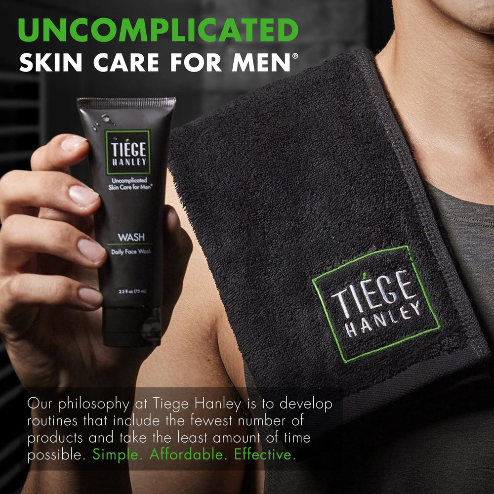 Tiege Hanley packaging emphasizes a simple routine and SPF protection