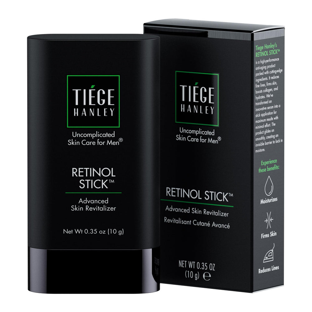 Tiege Hanley Retinol Stick packaging close-up highlighting travel-friendly skincare