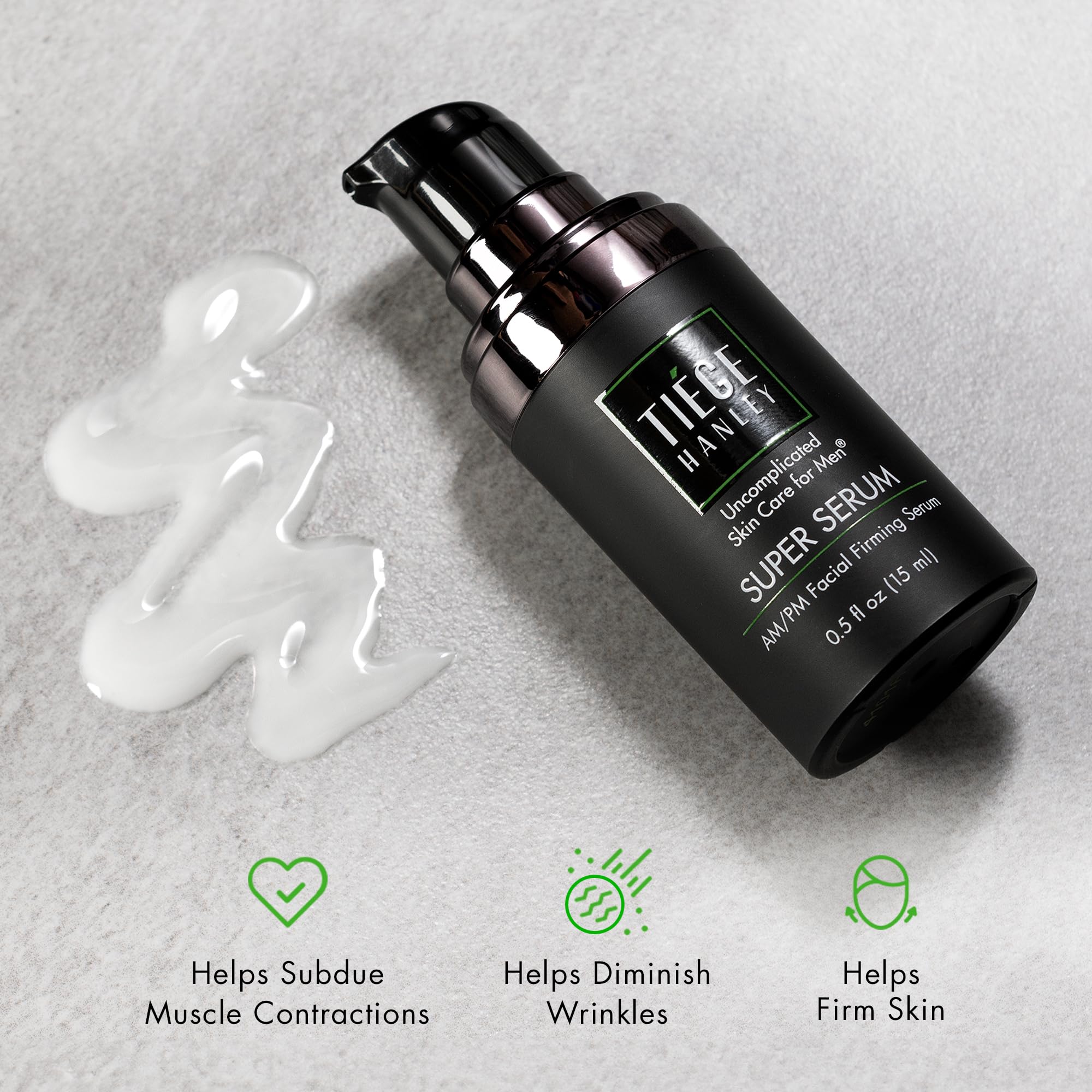Tiege Hanley serum ingredient closeup highlights peptides and hyaluronic acid for smoother look.