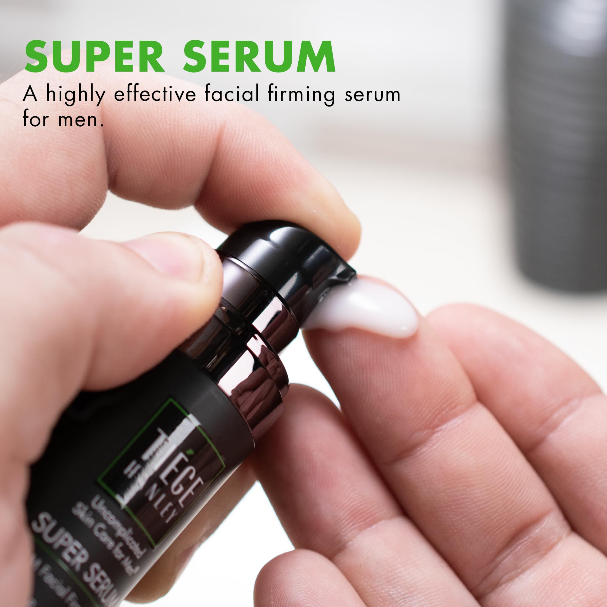Tiege Hanley serum texture shot emphasizes lightweight formula for daily use.
