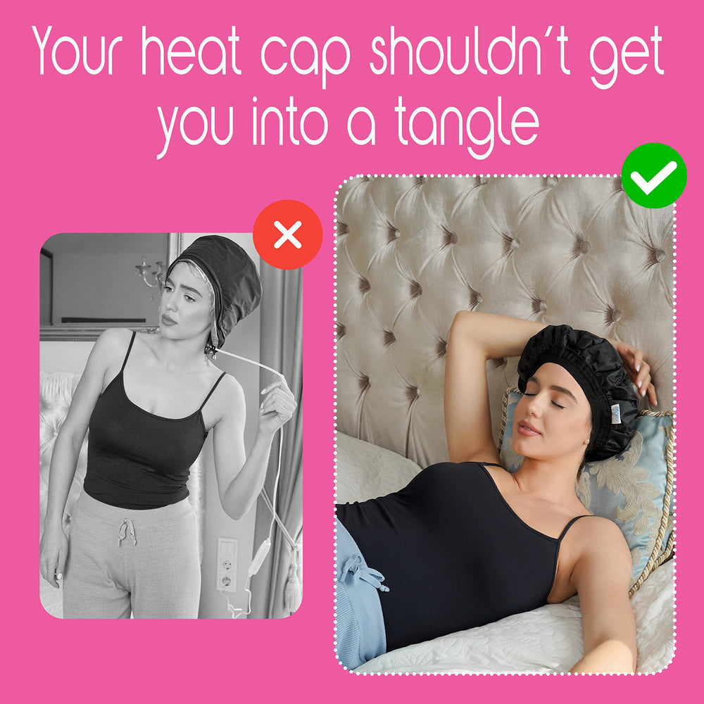 Tifara Beauty black heat cap resting on a vanity for convenient at-home conditioning.