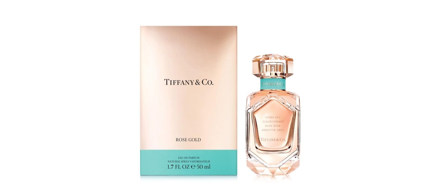 Tiffany & Co. Rose Gold EDP bottle glows with rose-gold design for springtime elegance.