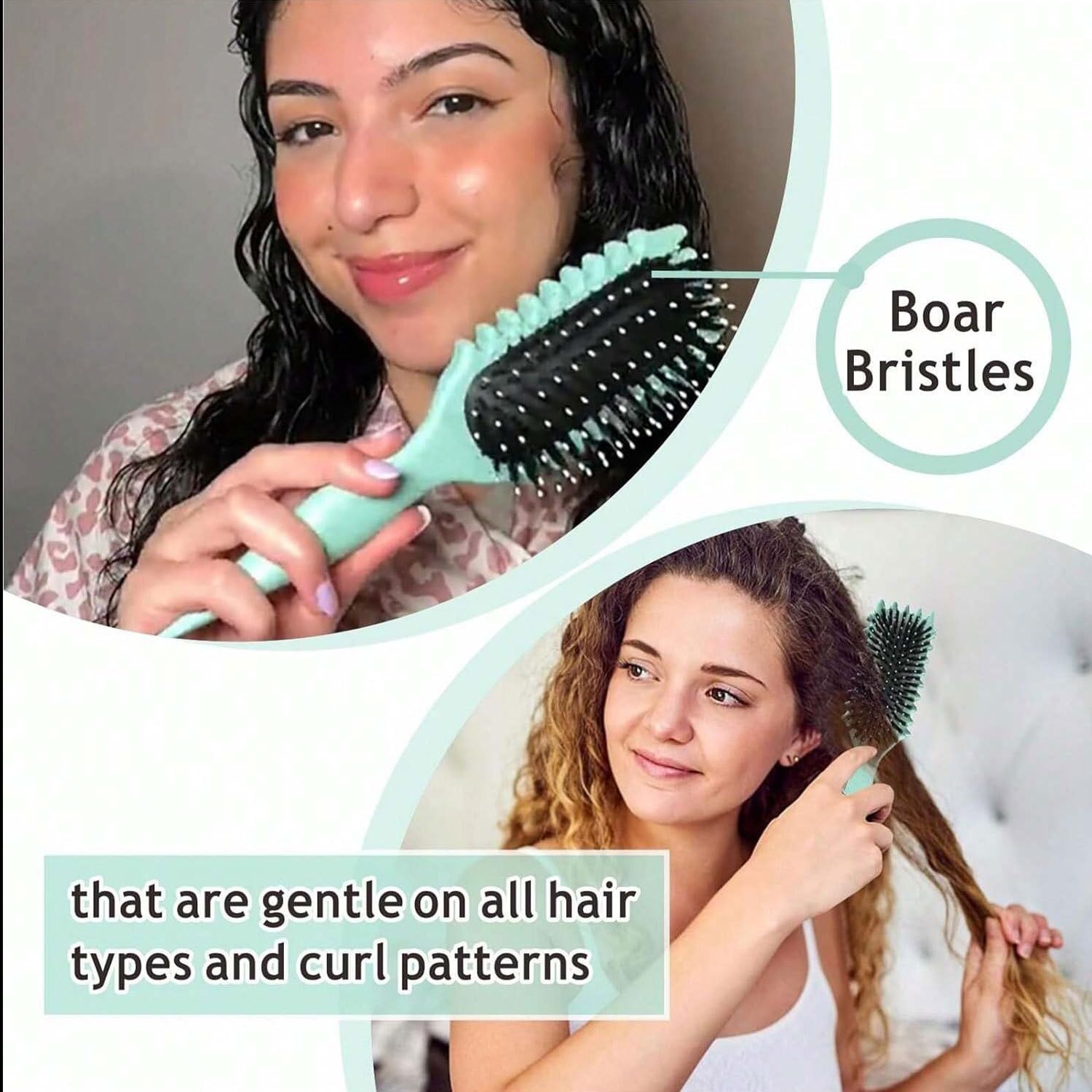 TIFURMAN Curl Defining Brush closeup shows gentle detangling with curl-friendly teeth.