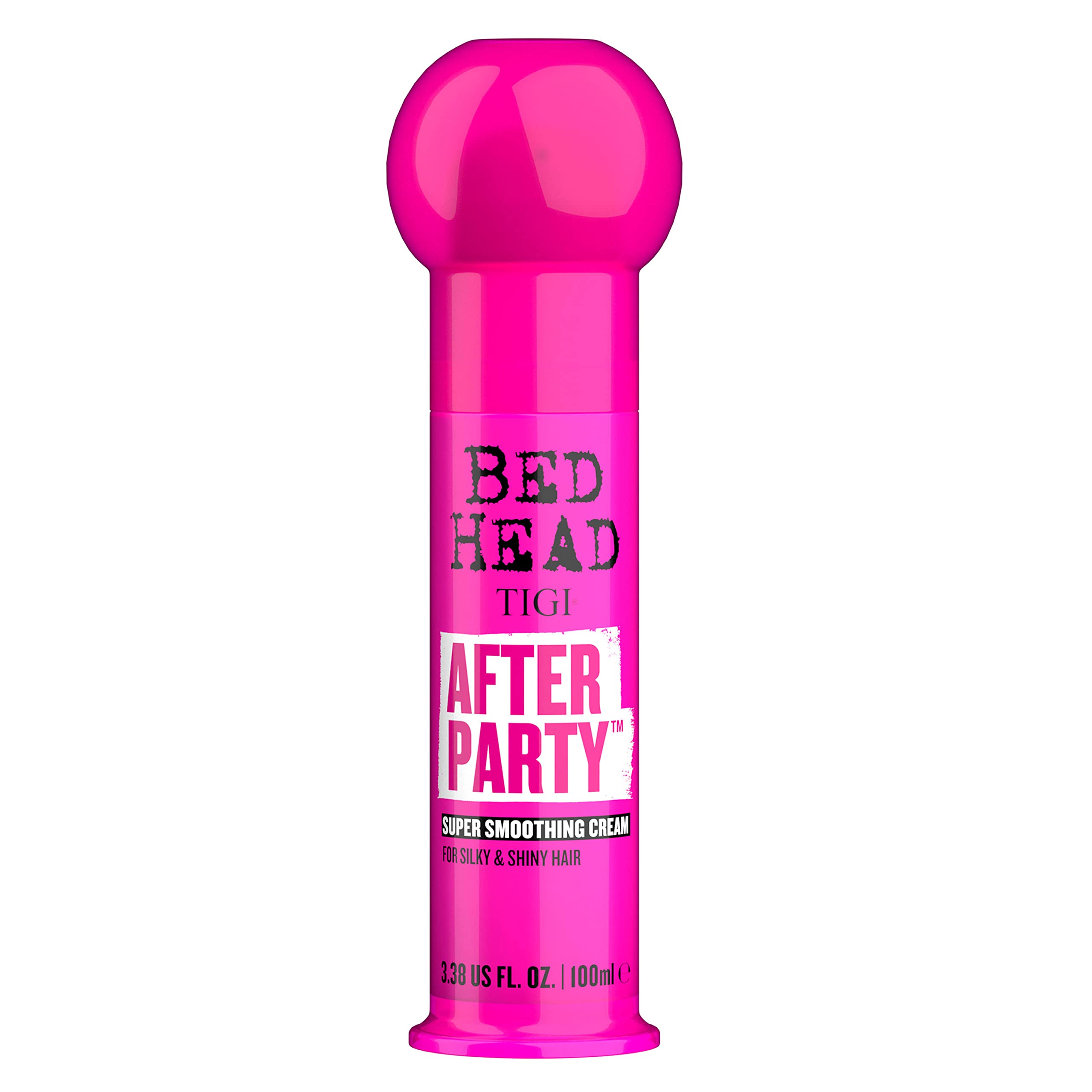 TIGI Bed Head After Party bottle closeup highlighting smoothing formula for frizz control.