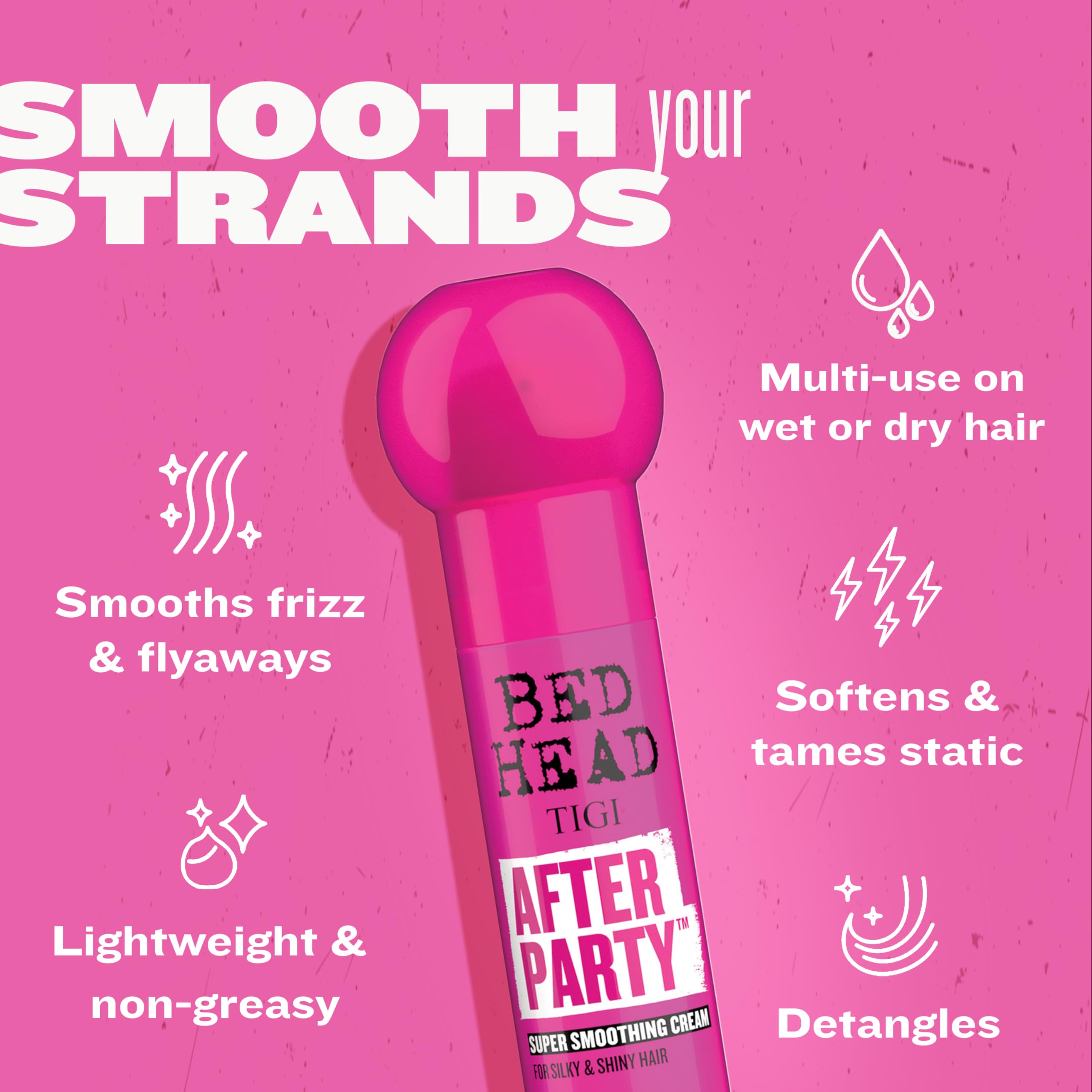 TIGI Bed Head After Party frizz-taming finish with glossy shine.