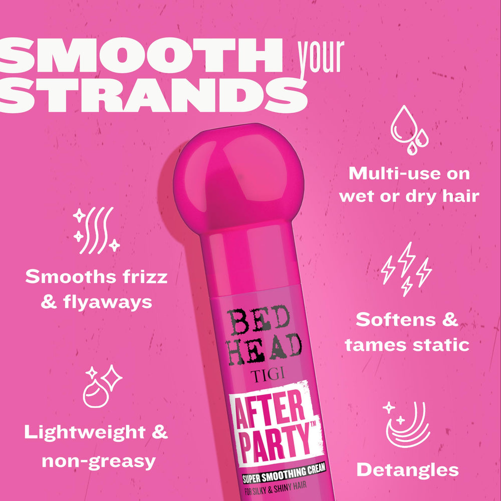TIGI Bed Head After Party frizz-taming finish with glossy shine.