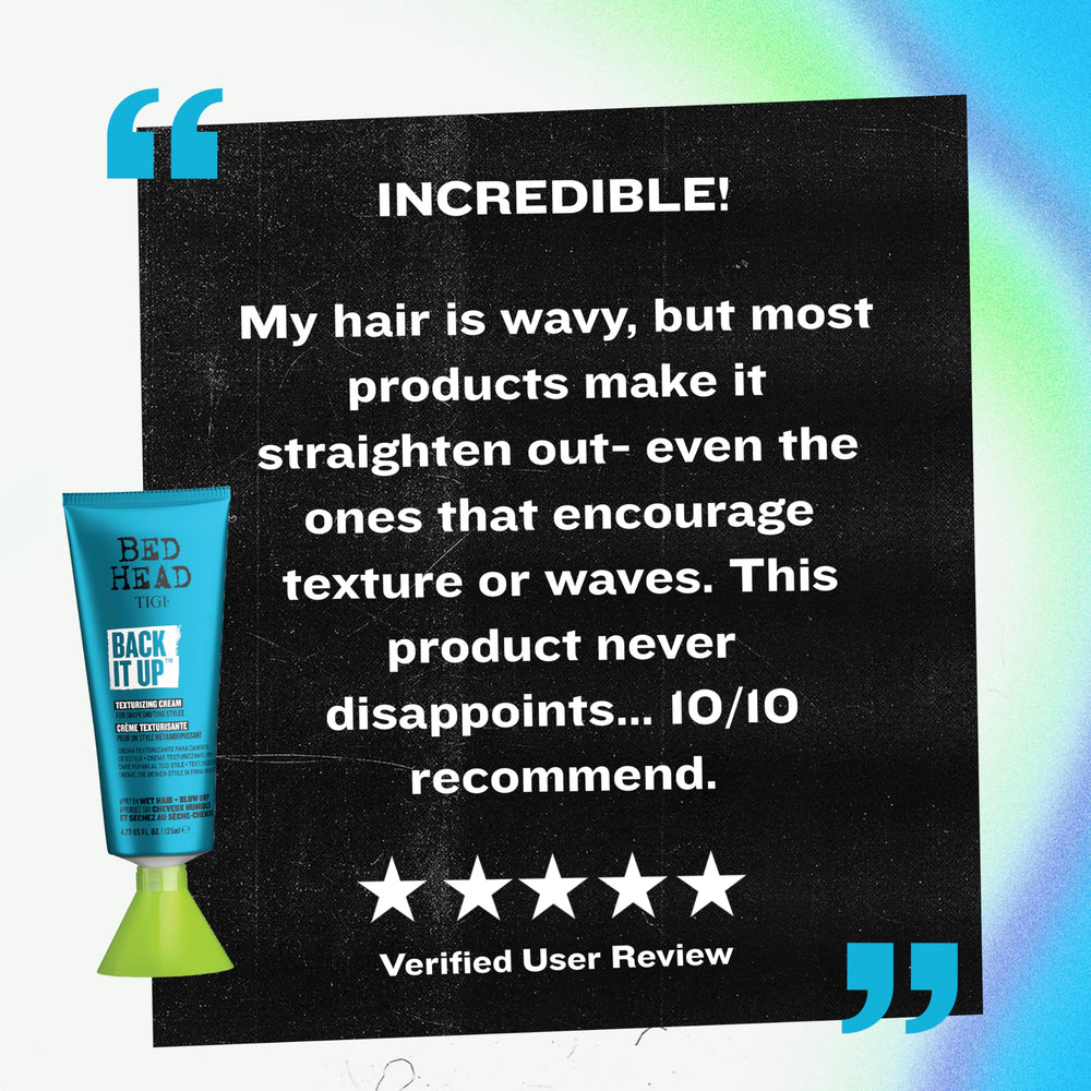 TIGI Bed Head Back It Up finish photo shows touchable, flexible hold.
