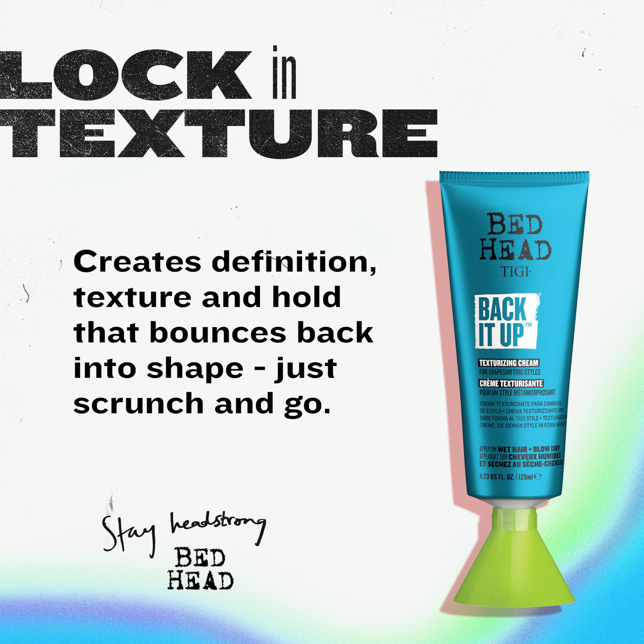TIGI Bed Head Back It Up packaging highlights travel-friendly 4.23 oz size for easy styling.