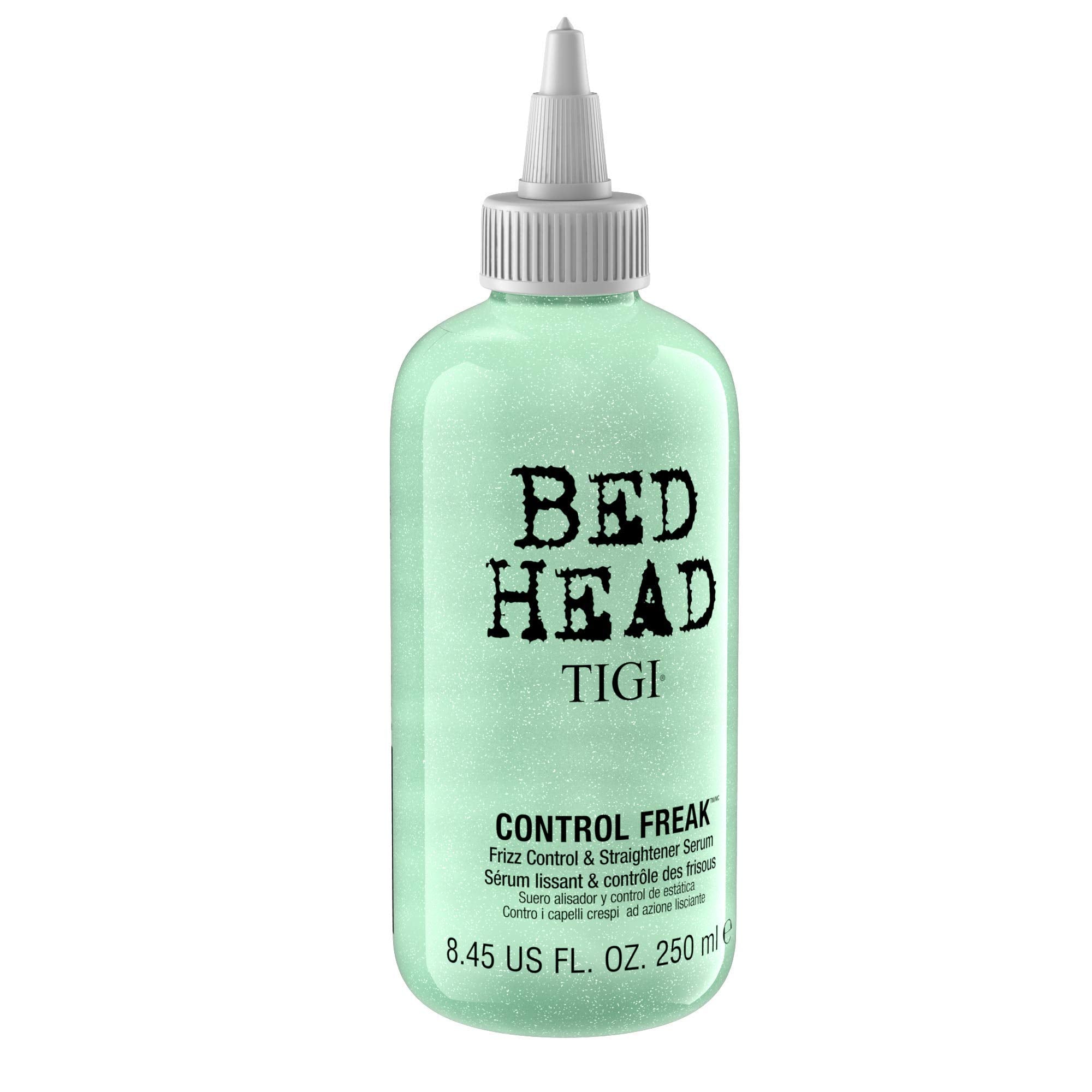 TIGI Bed Head Control Freak Serum bottle closeup showing lightweight, non-greasy formula.