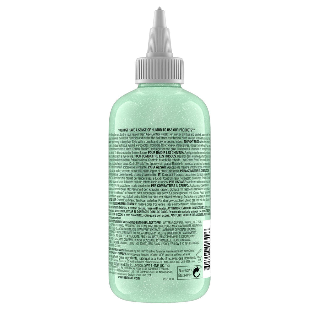 TIGI Bed Head Control Freak Serum hair smoothing shot highlighting glossy finish.