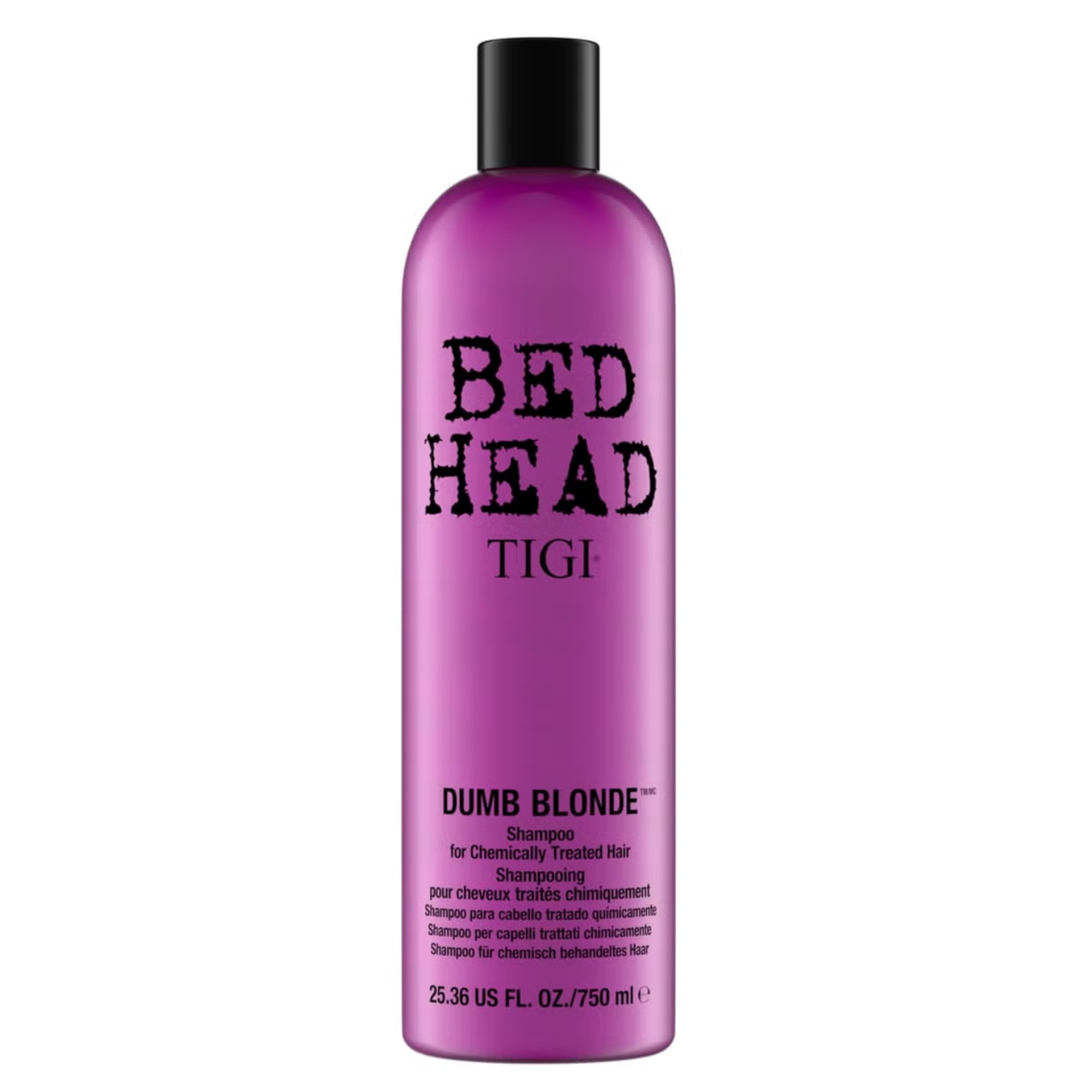 TIGI Bed Head Dumb Blonde Shampoo bottle front, highlighting color protection for vibrant tones.