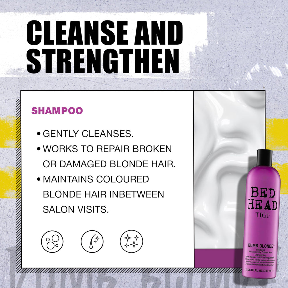 TIGI Bed Head Dumb Blonde Shampoo mega-moisture shot highlighting hydrating formula.