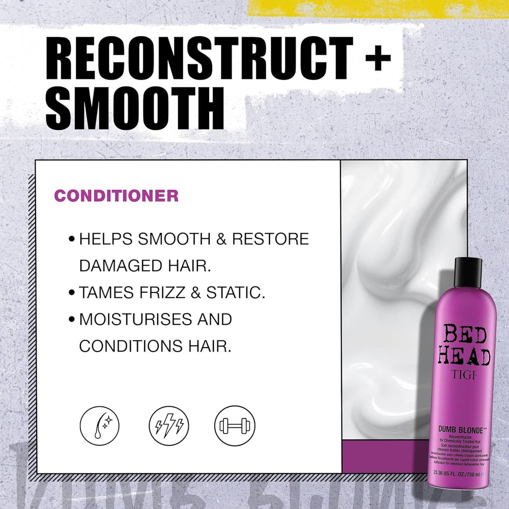 TIGI Bed Head Dumb Blonde Shampoo shine-focused image illustrating supershine finish.
