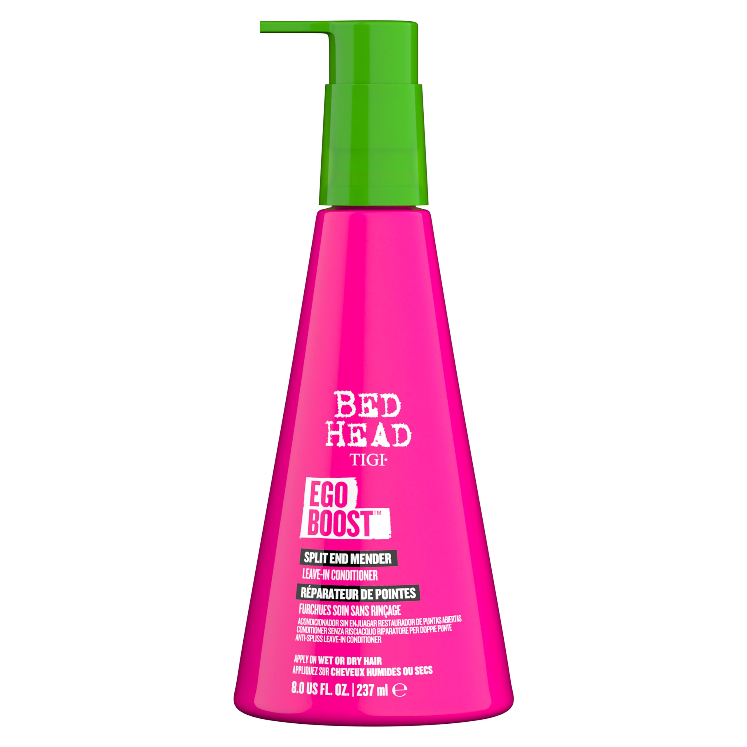 TIGI Bed Head Ego Boost bottle front shows sleek packaging for smoother, managed hair.