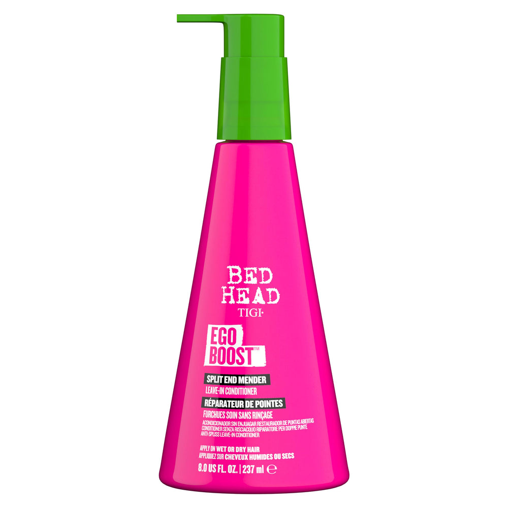 TIGI Bed Head Ego Boost bottle front shows sleek packaging for smoother, managed hair.