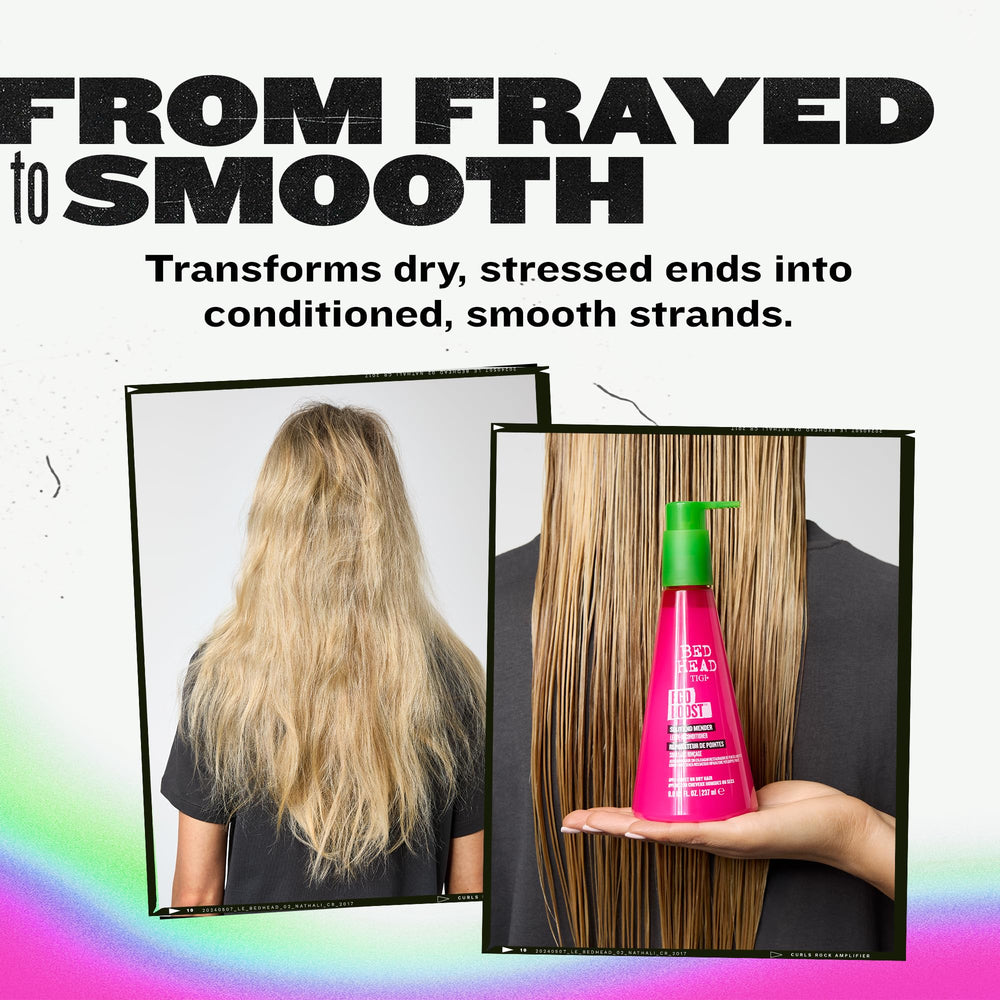 TIGI Bed Head Ego Boost seals split ends for lasting smoothness.