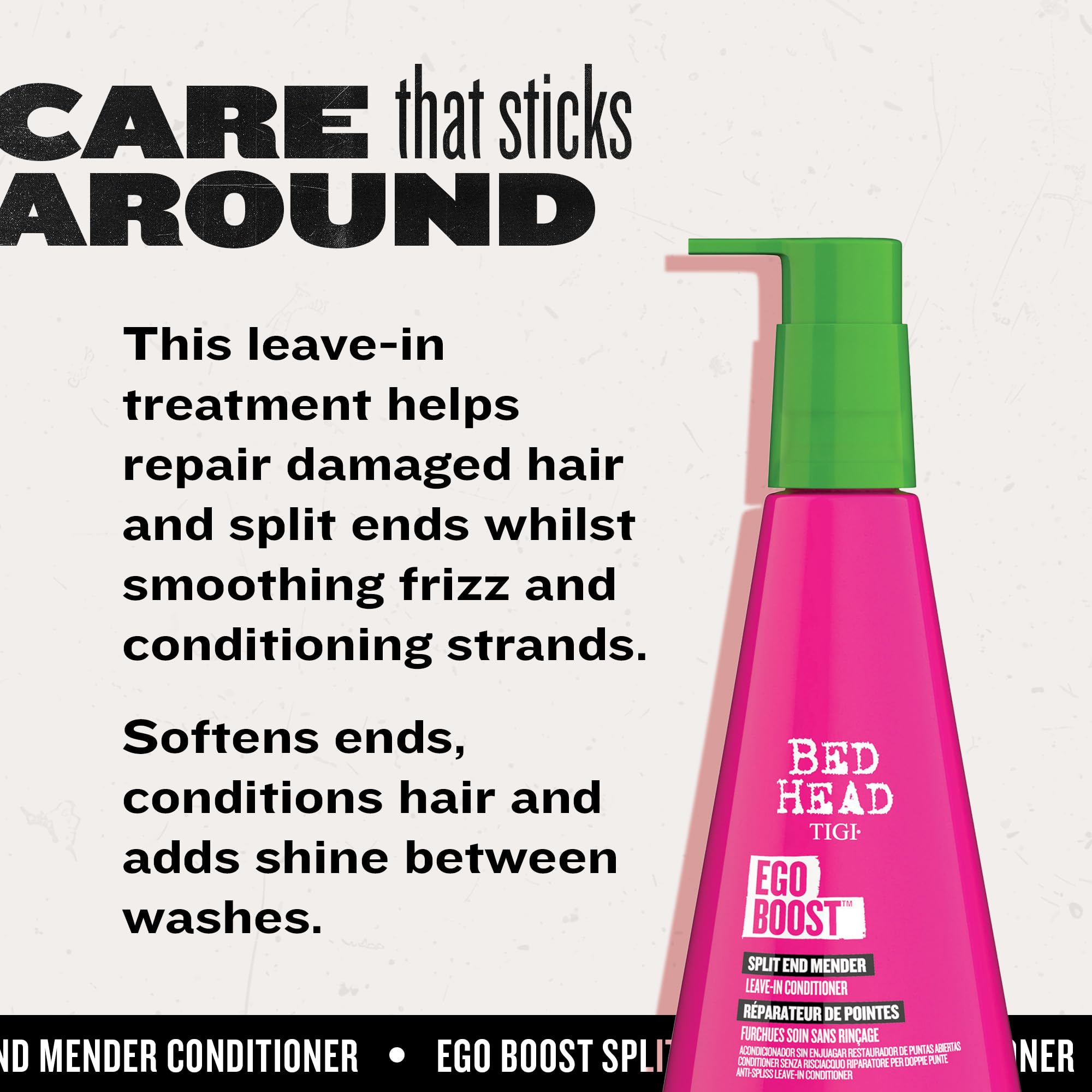TIGI Bed Head Ego Boost close-up shows silky texture and frizz control.