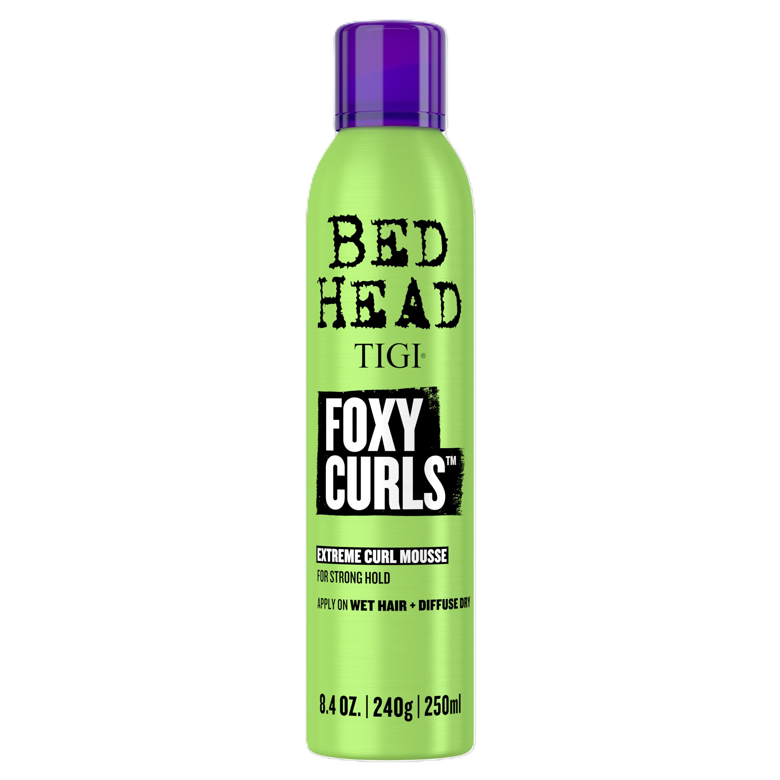 TIGI Bed Head Foxy Curls Mousse bottle front highlighting strong hold and defined curls.
