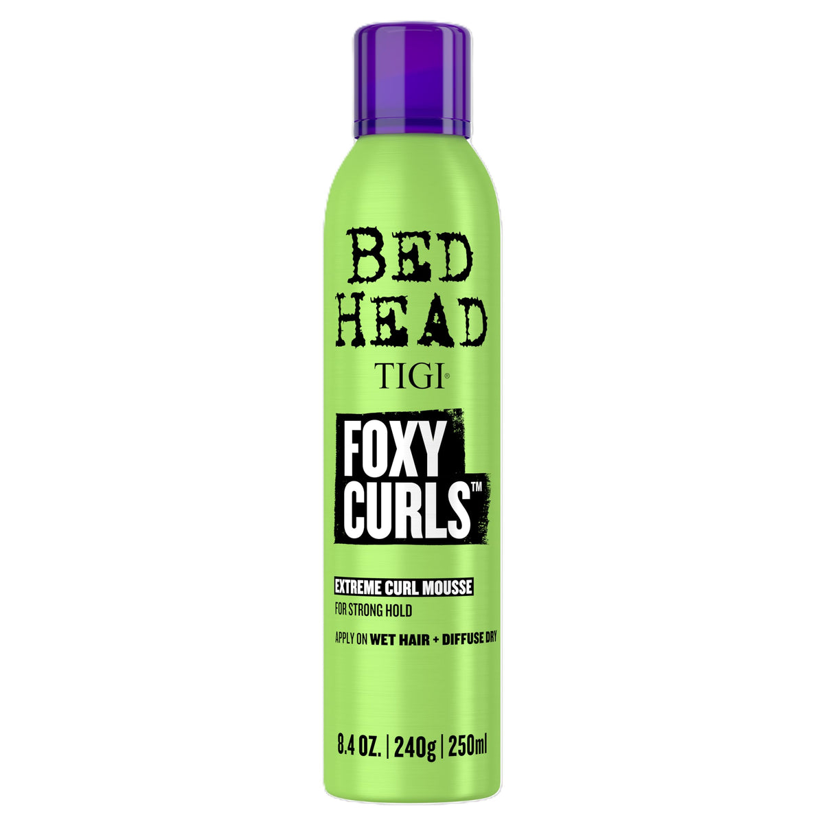 TIGI Bed Head Foxy Curls Mousse bottle front highlighting strong hold and defined curls.
