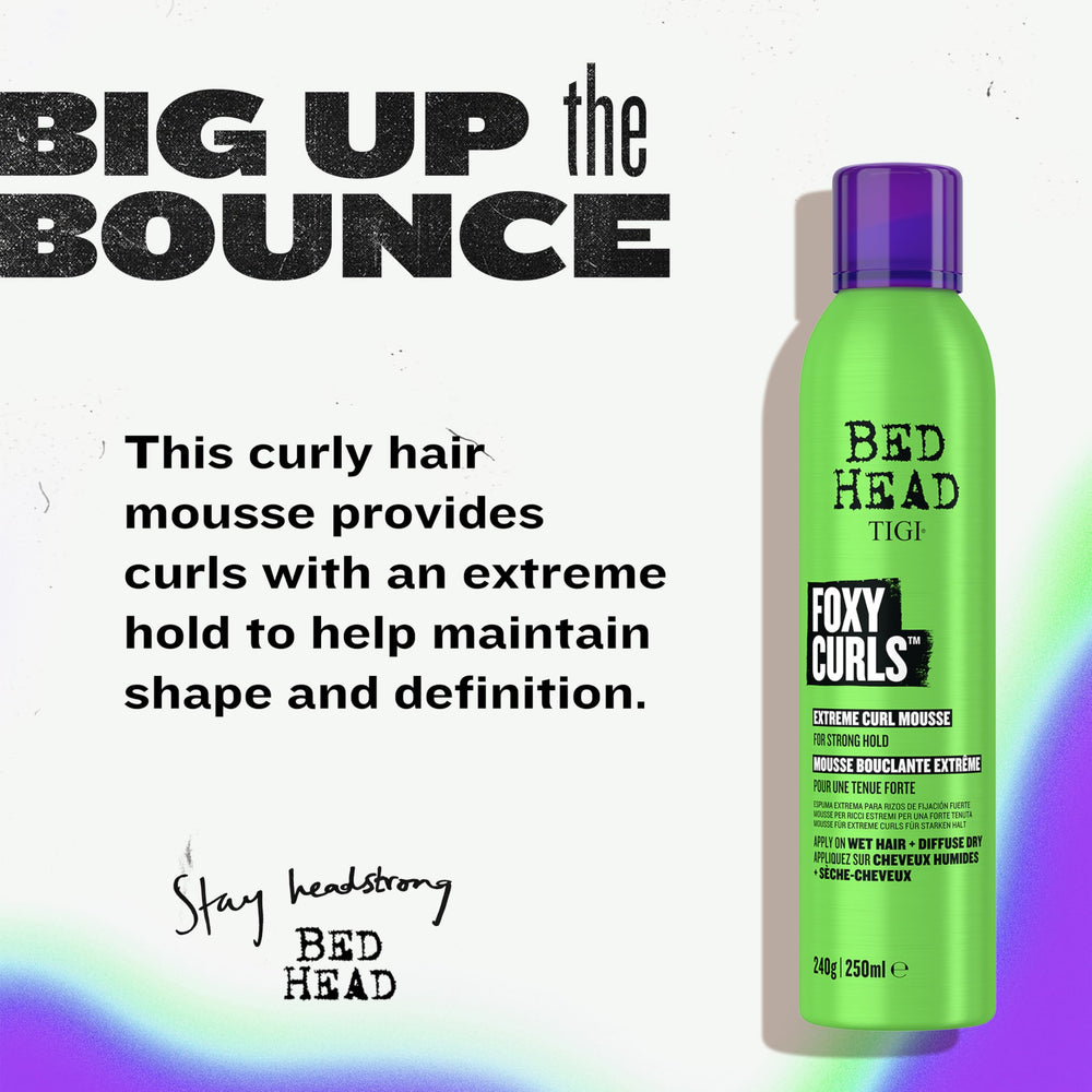 TIGI Bed Head Foxy Curls Mousse applied to damp hair for frizz control.