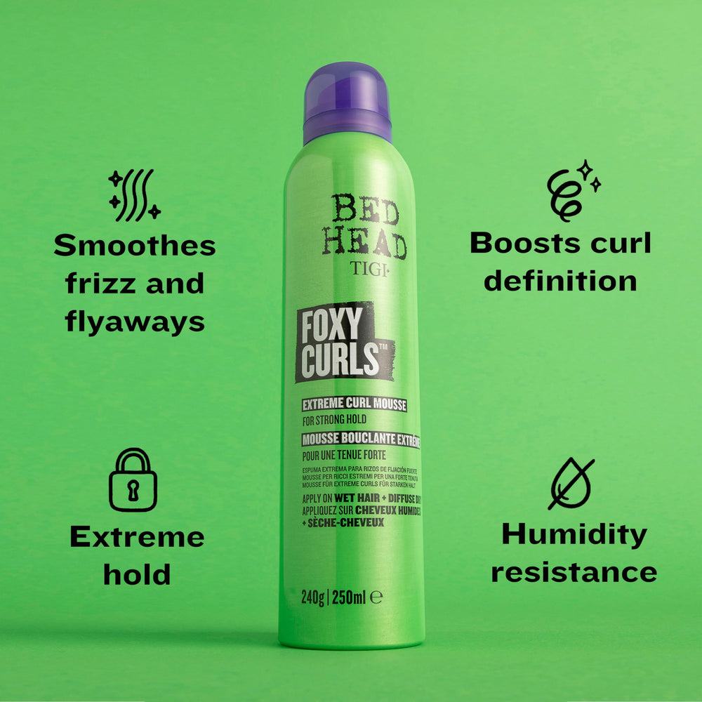 TIGI Bed Head Foxy Curls Mousse emphasizes humidity protection for lasting shape.