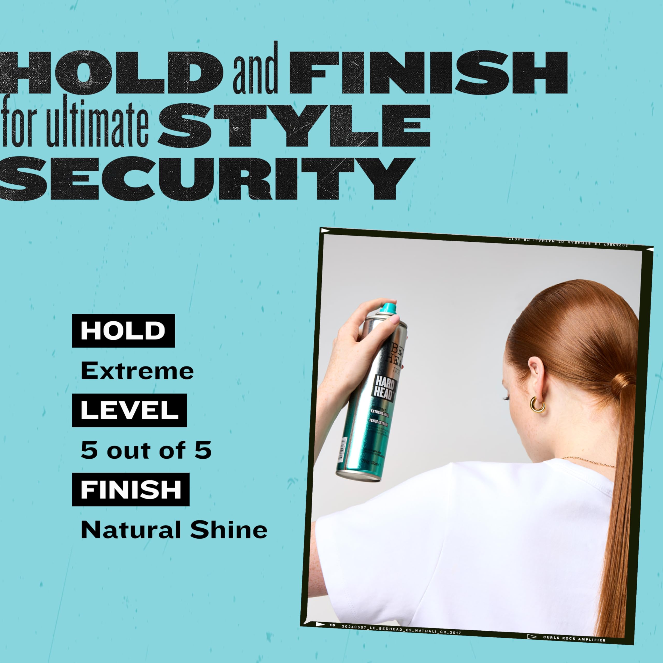 TIGI Bed Head Hard Head distance application shows how to spray from 10-12 inches.
