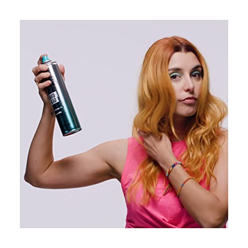 TIGI Bed Head Hard Head spray dispense shot highlights quick-dry, steady hold.