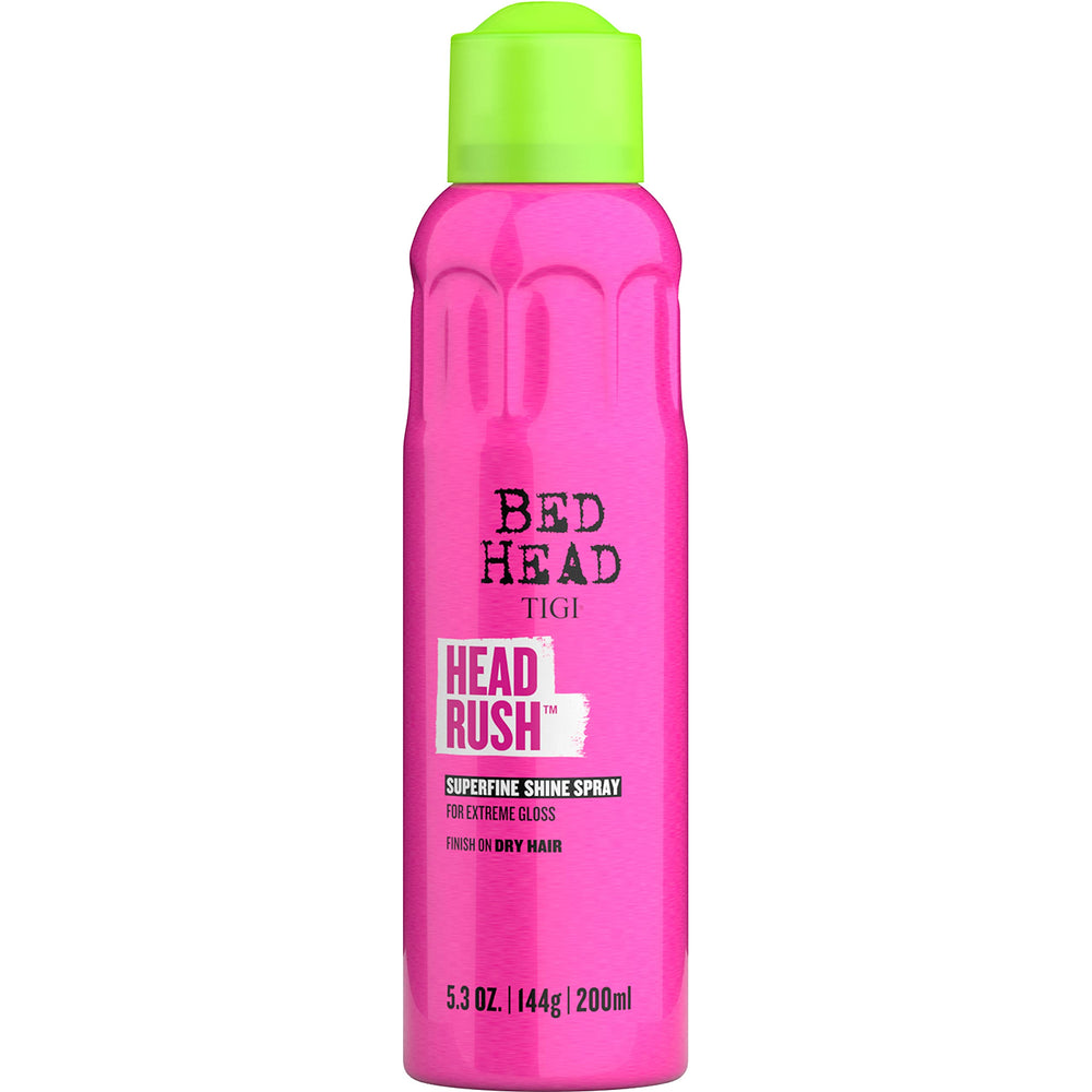 TIGI Bed Head Headrush bottle shot showing glossy shine on hair