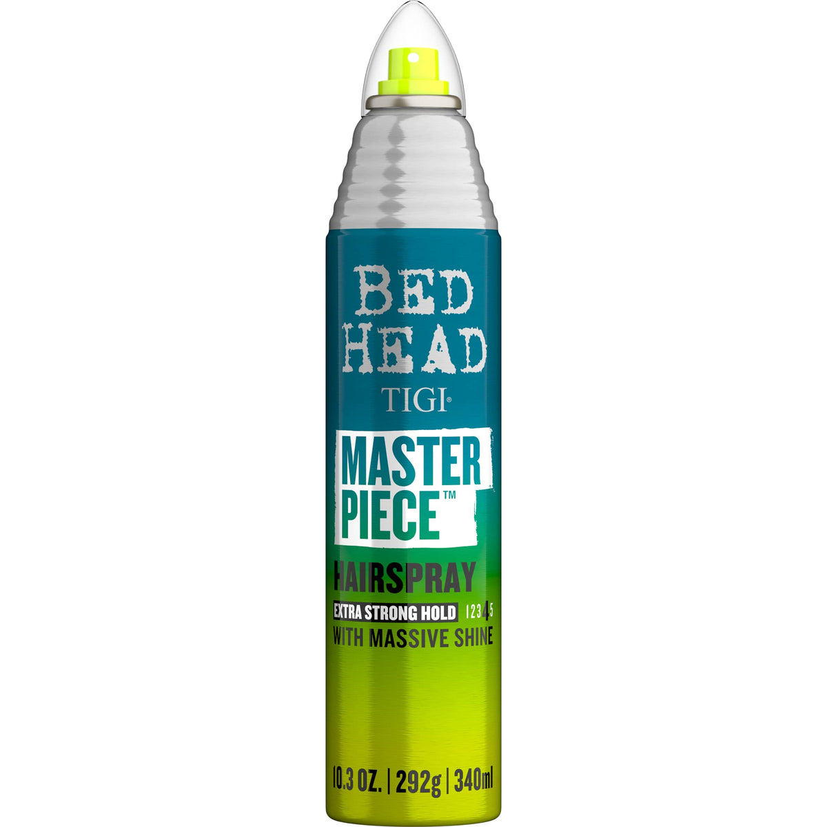 TIGI Bed Head Masterpiece bottle close-up shows glossy finish for frizz-ready styles.