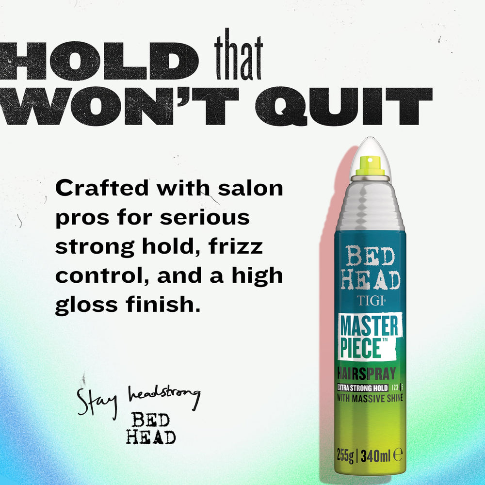 TIGI Bed Head Masterpiece hair shine detail highlights radiant gloss and vibrant strand definition.