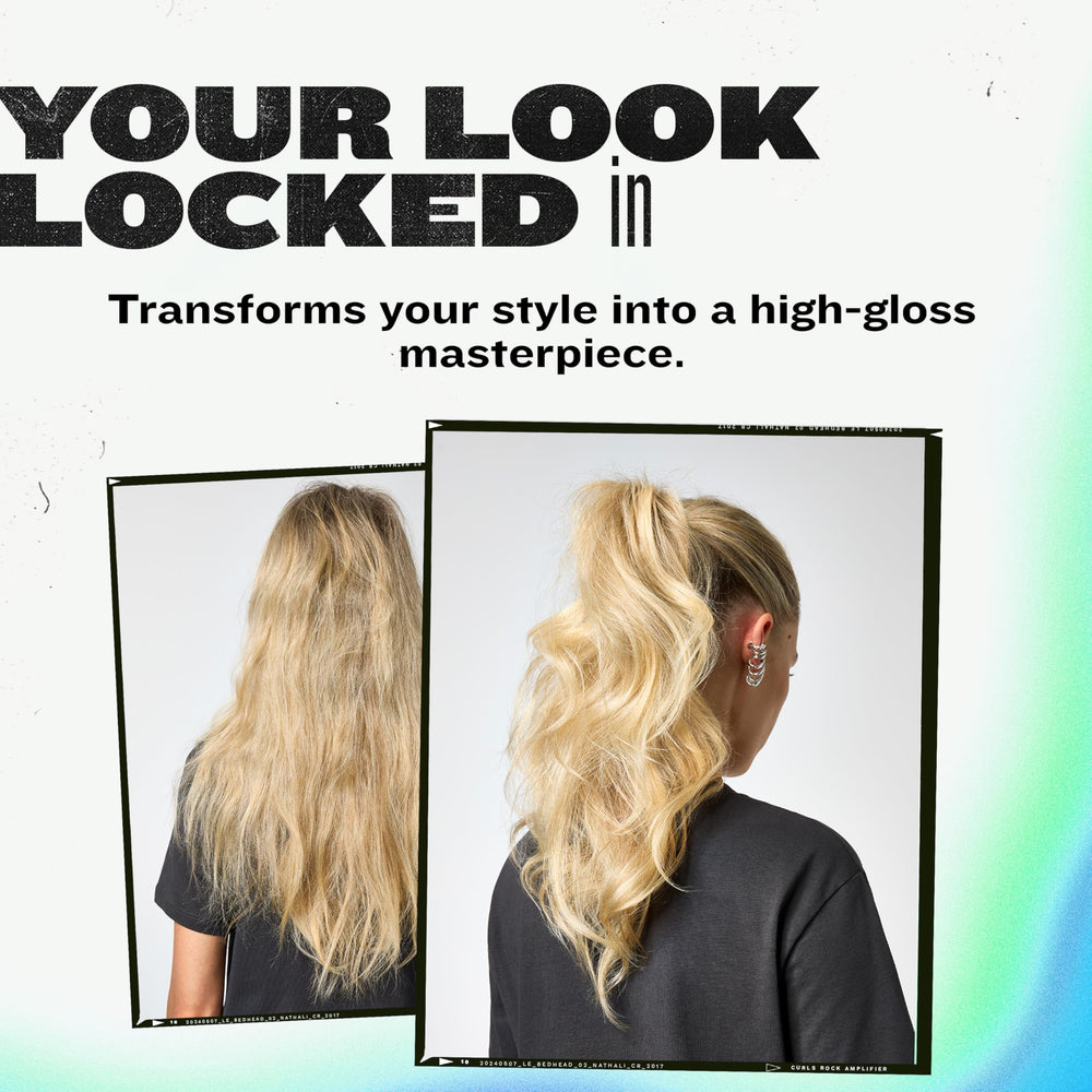 TIGI Bed Head Masterpiece spray-ready application demonstrates setting style with shine.